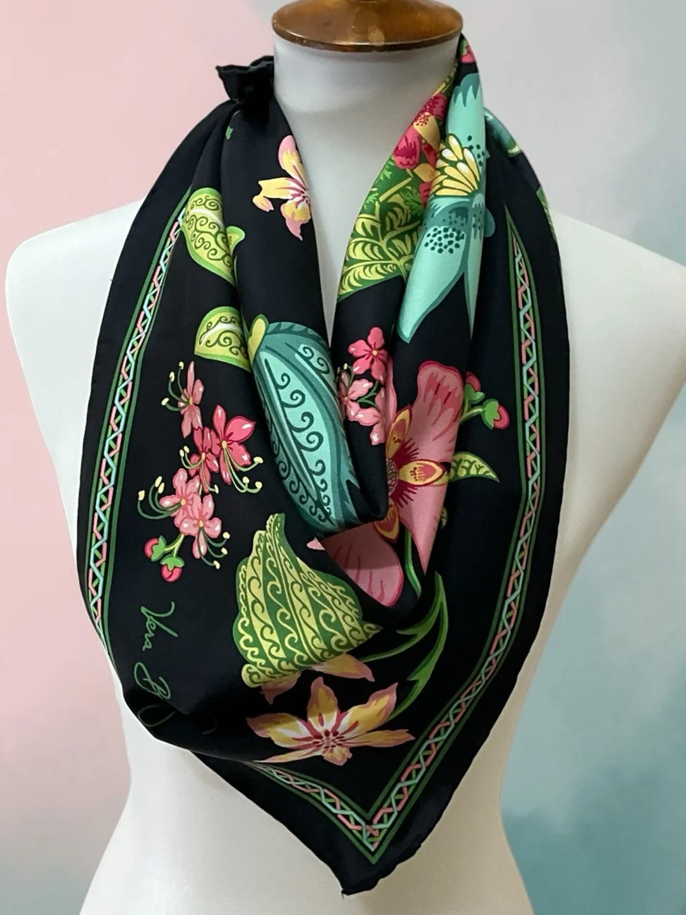 Vera Bradley Botanica 100% Silk Scarf 27” Square Black Floral